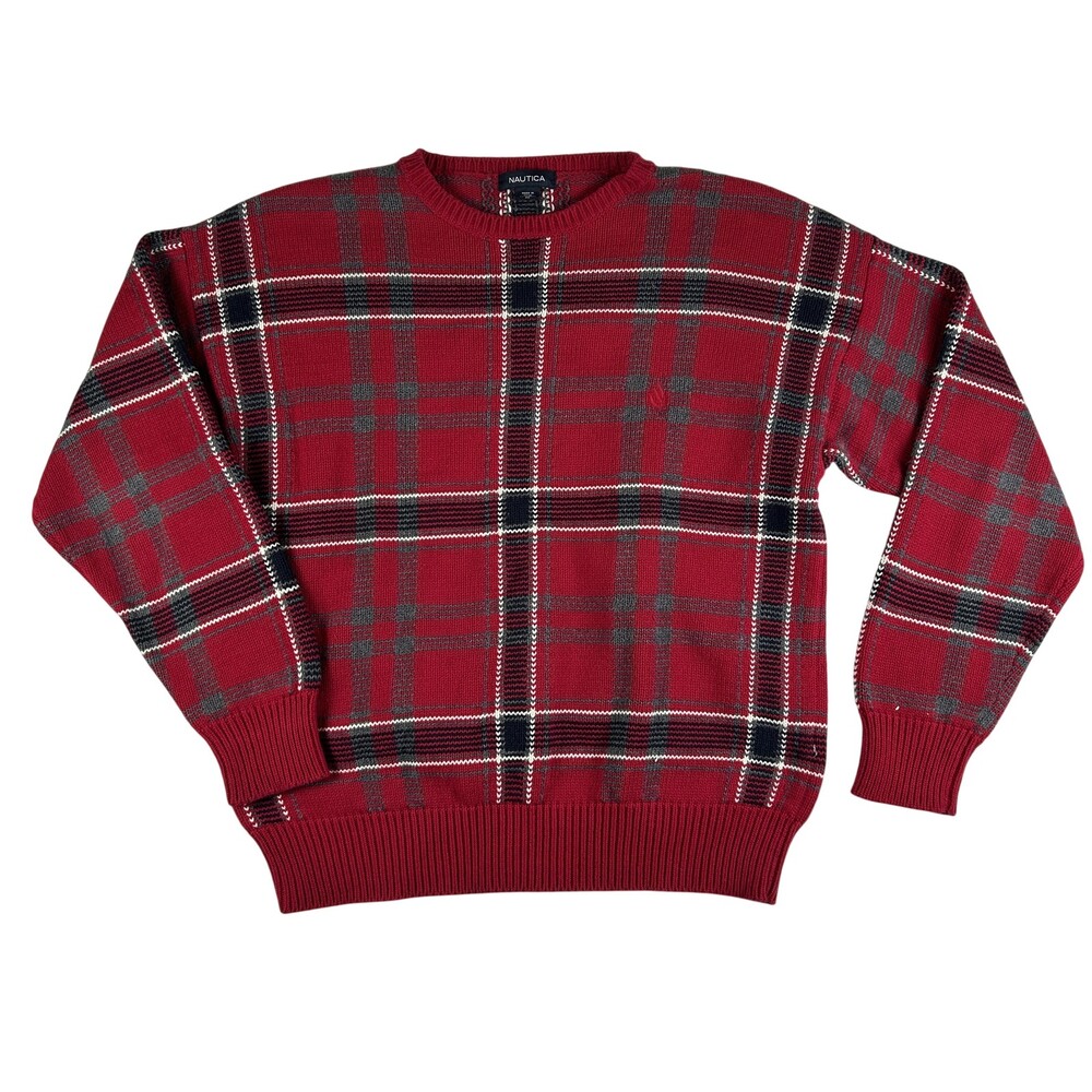 Vintage Nautica Sweater Mens Medium Plaid Cotton Knit Crew Neck Pullover Casual